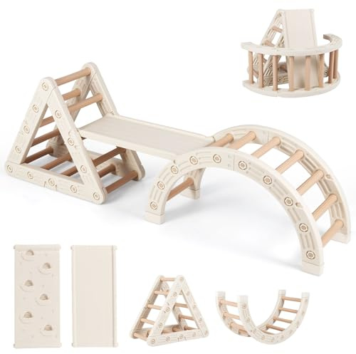 COSTWAY 5 in 1 Set da Arrampicata per Bambini, Set Montessori con Scala a Triangolo, Arco e Scala a Doppia Faccia, Palestra da Interno per Bambini 3-6 Anni