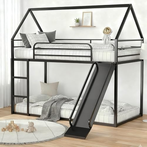 HiDSLiving Twin Over Twin Bunk Bed with Slide, Junior House Low Bunk Bed Metal Bunkbeds with Ladder and Full-Length Guardrail for Girl, Boy, Floor BunkBed, No Box Spring Needed (Black)