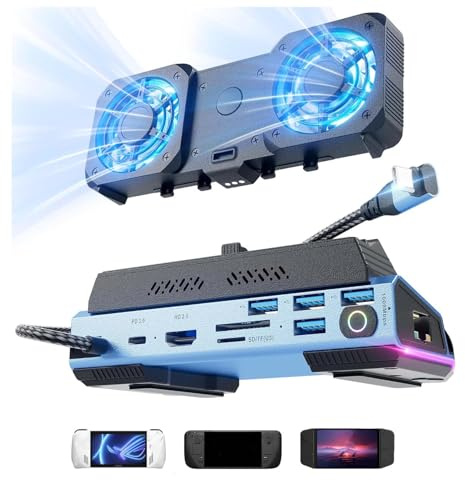 XUMIUZIY 9 in 1 Stazione Docking, RGB USB C HD Multimedia Interface 4K 60Hz Gigabit Ethernet con Ventola a Doppia Raffreddamento, per Steam Deck Rog Ally