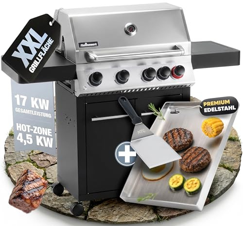 Flammenwerk professionell gasgrill 4 + 1 brännare – 17 kW total effekt, LED-belysning och sidokokplatta – högkvalitativ BBQ-grillvagn (gasgrill plancha)