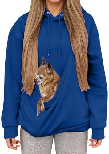 Sweat à Capuche Femme avec Grande Poche Kangourou Fonctionnelle,Pull de Transport pour Chat et Chien,Sweatshirts pour Amoureux des Animaux domestiques (Blue, L)