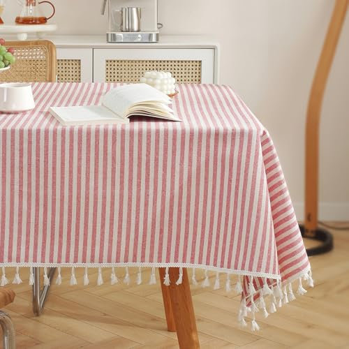 meioro Tablecloths Striped Tassel Table Cloth Rectangular Tablecloth Cotton Linen Table Cover Suitable for Home Kitchen Decoration (Red/White Stripes, 130×180cm)