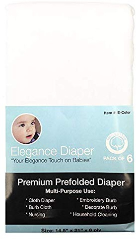 Elegance Diaper, Prefold Cloth Diaper Regular 4x6x4 6 Pack 100% Cotton (White)