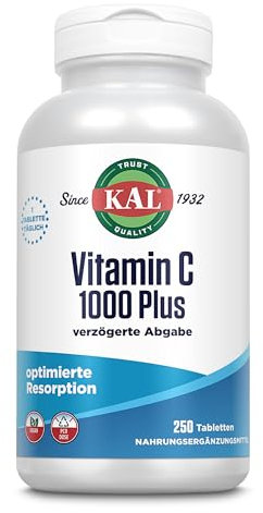 KAL Vitamin C 1000 Plus | 1000mg | 250 Tabletten | verzinkt | säurefrei | vegan | glutenfrei | ohne Gentechnik | Nahrungsergänzungsmittel aus Hagebuttenextrakt | Zellschutz | Stoffwechselprozesse