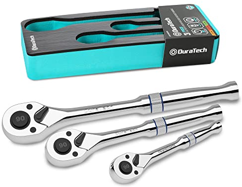 DURATECH 3-Piece Drive Ratchet, 1/4, 3/8, 1/2 90-Tooth Quick-release Ratchet Wrench, Reversible, Cr-V Made, Full Polished, Mens Stocking Stuffers Gifts for Men Gifts for Women