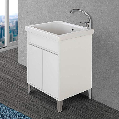 Inbagno Mobile lavatoio per Lavanderia con Vasca in Ceramica, L.61xP.51xH.87,5 cm, Linea Way in Diverse colorazioni, Vasca con strofinatoio Integrato (Bianco Lucido)