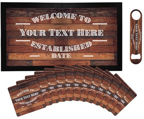 Personalised Bar Runner Mat, Matching Bottle Opener & 12 x Beer Mats Gift Set - Beer Gifts Home Bar Accessories for Pub Bars Man Cave Him Her - BRS-A1273 - ADD YOUR TEXT