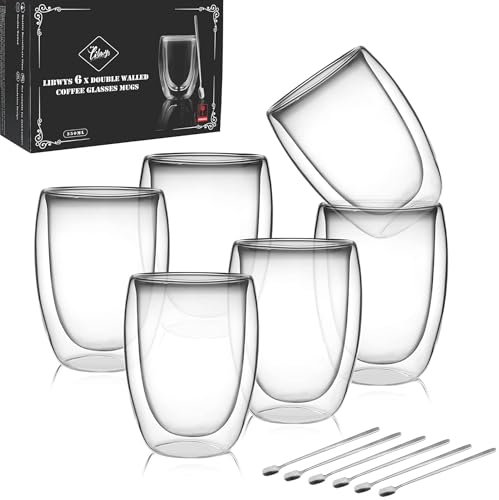 LIBWYS 6x350ml Doppelwandige Kaffeeglaser mit Loffel, Cappuccino, Latte Macchiato Glaser Teetassen Thermo Kaffeetassen Teegläser (ohne Griff)