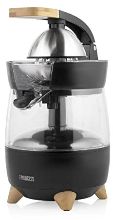 Princess 201862 Exprimidor eléctrico Pure, acabados en bambú, con palanca de prensado y jarra de litro extraíble, lujoso diseño propio, fácil de limpiar, sistema antigoteo, servido directo, 300 W