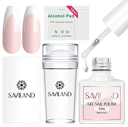 Saviland French Nails Stempel Set – Klarer Nagelstempel mit Weiß Gel Nagellack &Nagelschaber French Nails Tools Silikongelee Nail Stamper Nagel Stempelset für Nail Art Design Nail Stamping Set