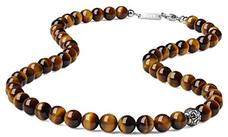 GAVU Braunes Tigerauge Kristall Perlenkette für Herren 50 cm