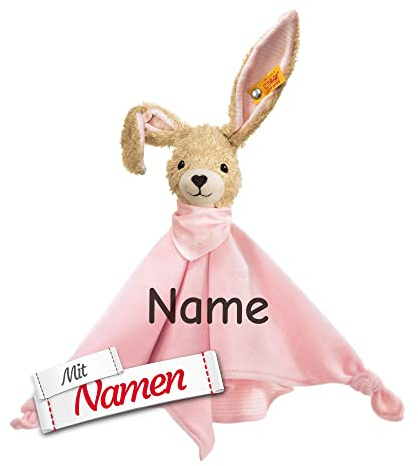 Steiff Hoppel Hase Schmusetuch mit Namen Bestickt, Schnuffeltuch Kuscheltuch Einschlafhilfe Baby, personalisiert Wunschname, Geschenk zur Geburt, Taufe, Weihnachten für Mädchen Jungen