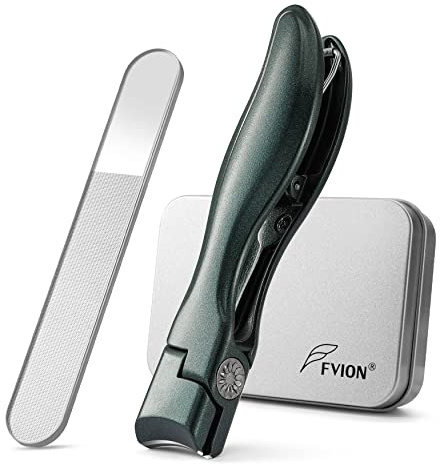 FVION Nagelklippare, stor tallöppning, nagelklämma, rostfritt stål, nagelklippare för tjocka naglar, tånagelklippare med nanonagelfil, nagelklippare med uppsamlingsbehållare (grön)