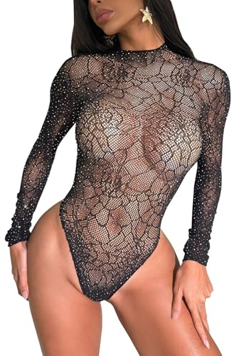 Rayson Damunderkläder nätstrumpor långärmad spets med krok nattkläder bodystockings gnistrande underkläder, Strass trim, One size