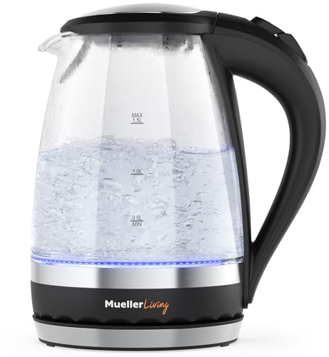 MuellerLiving Glass Kettle 1.5L 1500W LED Light Electric Tea Kettle Automatic Shut-Off with SpeedBoil Tech and Boil-Dry Protection