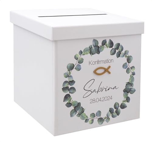 ZauberDeko Briefbox Eukalyptus Fisch Gold Kommunion Konfirmation Taufe Personalisiert Kartenbox