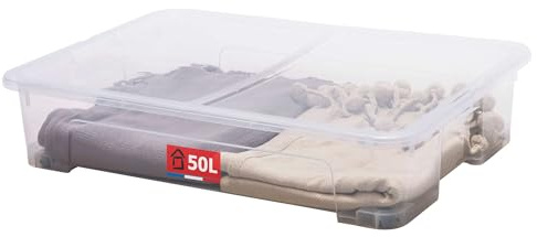 SUNDIS View Box, boîte de rangement avec roues et couvercle, 50l, en plastique transparent, superposable et empilable, idéale pour ranger sous le lit