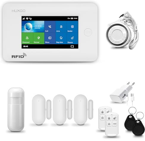 HUXGO® HXA006 Alarmas para casa hogar WiFi + gsm con Sirena | Kit Alarma inalámbrico con 1x Sensor de Movimiento, 3X alarmas de Puerta/Ventana | Alarma Tuya Smart Life