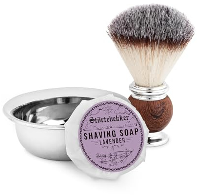Störtebekker Premium rakborstset med rakskål i rostfritt stål och raktvål [Inkluderar e-bok för rakning och skägg] – presentidé – perfekt tillägg till rakhyvel och säkerhetsrakhyvel (lavendel)