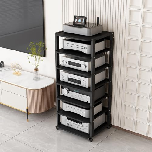 Multimedia-Ständer Stereo-Rack mit 3/4/5/6/7 Ebenen, Audio-Tower, CD-Media-Player-Ständer, Audio-/Video-Komponentenschrank, Eck-TV-Ständer, bewegliches Lagerregal mit Rollen für Zuhause/Büro/Kino, s