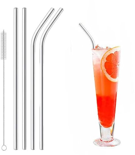 Dinghaole 4 Pcs Stainless Steel Replacement Straws for Cup, Reusable Metal Drinking Straws with 1 Cleaning Brush, Eco-Friendly Stainless Steel Drinking Straws for Cocktail, Milkshake