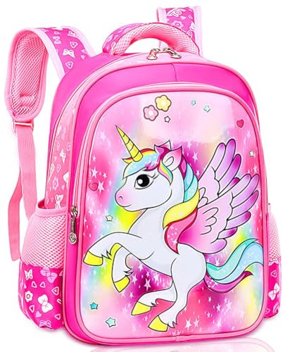 PLNVNVP Zaino Unicorno Zaino Scuola Elementare Ragazze Impermeabile Zaino Regolabile Grande Capacità Zainetti, Rosa, 24x16x38cm