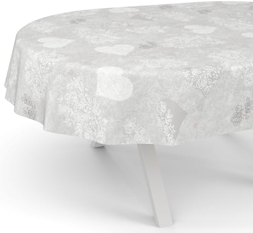ANRO Nappe en toile cirée lavable, pour table de jardin, de forme ronde, ovale ou rectangulaire, ovale, bord coupé, motif cœur gris, 180 x 140 cm