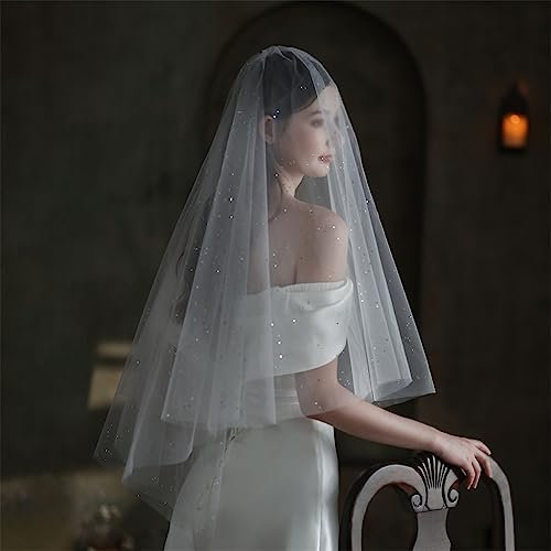 BOSHYUM Doppellagiger weißer Glitzer, Silberne Pailletten, für Hochzeiten, Hochzeitsfotos, weicher Hochzeitsschleier, Kopfschmuck, Schleier