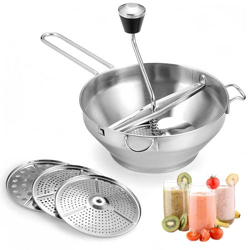 Culinavog Molinillo De Verduras, Pasapurés de Acero Inoxidable, Molinillo manual de verduras con 3 Intercambiables Discos, Molinillo Rotatorio Para Mermeladas, De Verduras, Frutas, Patatas Y Ajos