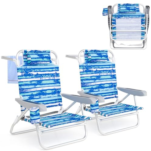 KOMFOTTEU Set di 2 Sedie da Spiaggia Pieghevoli, Spiaggina con Schienale Regolabile in 5 Posizioni, Sdraio Mare con Portabicchieri e Portaasciugamani, Lettino Prendisole per Campeggio, Picnic (Blu)