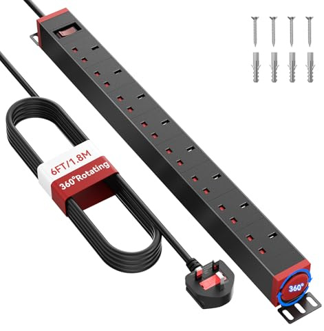 Sewingvr 8-Way Extension Lead with Surge Protection, Wall Mountable PDU Power Strip with 360° Rotating Sockets, 1.8m Cable, for Server Rack or Home Office