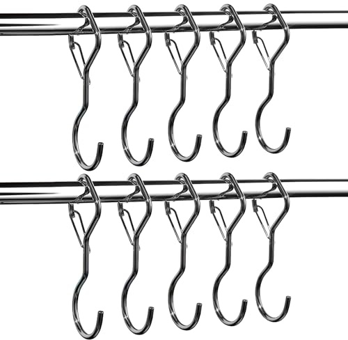 laveroar 10 Pack S Hooks, Black Heavy Duty Large 10cm Metal S Hooks with Safety Buckle Hanging for Plants, Lights, Kitchenware, Utensils, Clothes, Towels, Pots and Pans