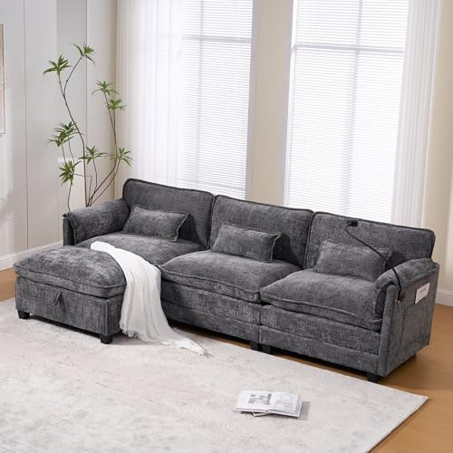 odikalo Sofa 3 sitzer, Chenille-Dreisitzer-Sofa, Modulares Sofa, Mit USB-Anschluss, Seitentasche, Handyhalter und modularen Hockern, 279 x 83 x 85 cm(LxBxH), Grau