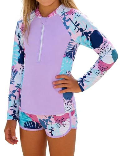 EFOGEP Bañador para niña de 2 piezas, camiseta de manga larga con pantalones cortos, UPF 50+ protección UV, protección solar, diseño floral, para niñas de 7 a 14 años, 01#púrpura, 11-12 años
