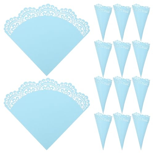 Angoily Conos de Papel para Flores Boda 50 Piezas con Borde Calado Azul Claro, Porta Conos para Confeti y Pétalos, Decoración Ligera y Portátil para Fiestas y Celebraciones