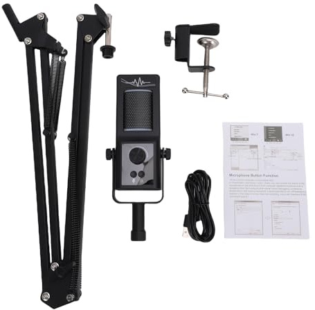 Horett KIT MICROFONO CONDENSATORE USB CON BRACCIO TELESCOPICO LUCE RGB CANCELLAZIONE RUMORE MUTO KEY-C PLUG & PLAY REGISTRAZIONE STREAMING GIOCHI KARAOKE STRUMENTO