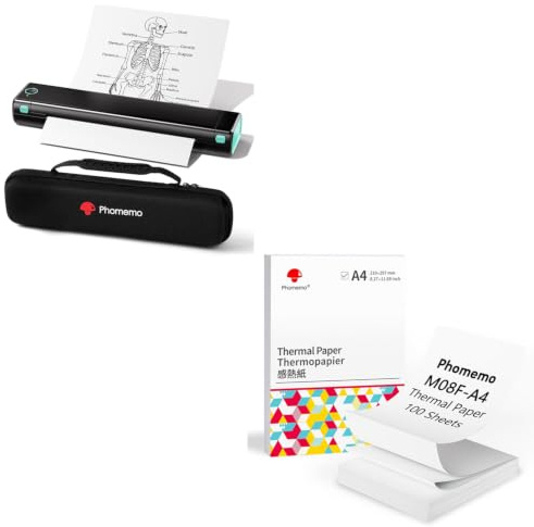Phomemo M08F A4 Tragbarer Drucker Schwarz Grün mit Schutzetui & 100 Blatt Gefaltetem A4 Thermopapier, kabelloser Bluetooth Mobildrucker für Reisen, Auto, Büro und Zuhause