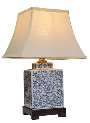 Blue and White Square Bedside Ceramic Porcelain Oriental Chinese Table Lamp 42cm