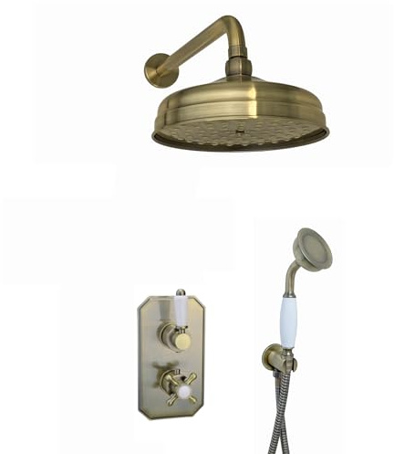 ENKI SH0081 Regent 200mm Thermostatic 2 Outlet Shower System, Antique Brass | Solid Brass, 10-Year Guarantee, Flexible Hoses Included, Rainfall Shower Head, Handset & Hose, Shower Mixer Set, Bathroom