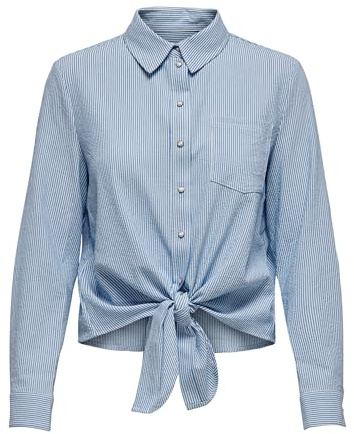 ONLY Women's ONLLECEY LS Stripe Knot DNM Shirt NOOS Blouse, Cloud Dancer/Stripes:Medium Blue, XL