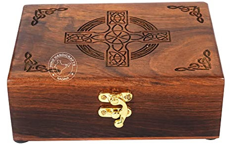 Rosewood Boîte à bijoux en bois faite à la main avec gravure en croix celtique sculptée à la main pour homme et femme | Décoration d'intérieur | Boîtes décoratives | Rangement et organisateur (17,8 x