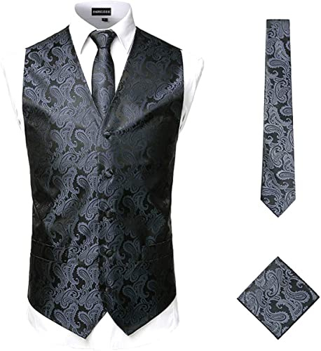 PARKLEES Chaleco clásico de cachemira de 3 piezas para hombre, corbata y bolsillo cuadrado, chaleco para traje o esmoquin, gris oscuro, L