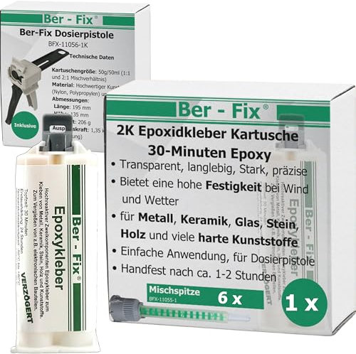 Ber-Fix 2K Epoxidharz Kleber 30 Min – Starker 2-Komponenten-Kleber für Kunststoff, Metall, Holz, Glas, Stein, Beton 50g Kartusche + Pistole + 5 Spitzen