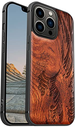 Carveit Coque magnétique pour iPhone 13 Pro, élégant bois de rose [Pare-chocs en TPU souple] Coque de protection anti-chocs compatible avec 13Pro Magsafe Bois (grande vague devant Kanagawa)