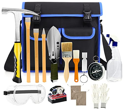 17PCS Geology Rock Pick Hammer Kit, 32oz Hammer & 3 PCS Digging Chisels Set for Rock Hounding, Gold Mining & Prospecting Equipment Tool with Multi-function Sholve, Compass, Whistle, Chisel