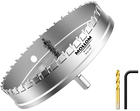 Mollom 6-7/8 (175mm) Scie à trou carbure 2 mèches pilotes incluses | Coupe-trous qualité industrielle pour acier inoxydable, acier doux, fer, cuivre, laiton, aluminium, plastique