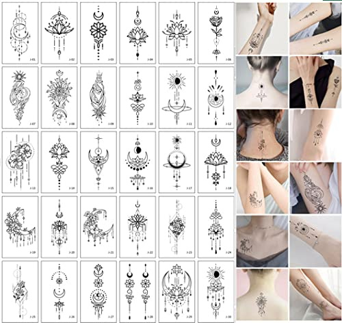30 Sheets Waterproof Realistic Space Planets Chain Temporary Tattoos Set,Moon Stars Constellations Flowers Fake Tattoo Sticker for Adults Men and Women Forearm Body