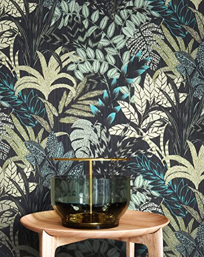 Newroom Vliestapete Schwarz Dschungel Tapete Schlafzimmer Wohnzimmer | Stilisierte Blätter und Farne in Creme, Beige, Türkis und Petrol, botanisches Muster, matte Mustertapete für Büro