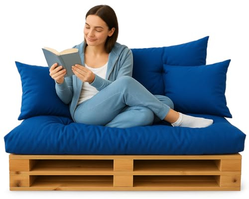 DECORESTOR Cojines para Palets Impermeables - Pack Completo Asiento 120x80, Respaldo 120x60 y 2 Cojines 40x40 - Sofá de Palets Exterior/Interior (Azul)
