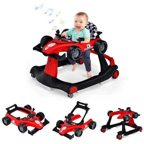 RELAX4LIFE Girello per Bambini 6 in 1 con Luci e Suoni, Vassoio Giocattolo Rimovibile, 2 Velocità Ruote e 3 Altezze Regolabili 50,5/53,5/55,5 cm, Portata 12 kg (ROSSO)